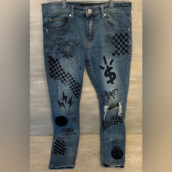 THRT Denim Denim - THRT‎ Jeans Graphic Design Ripped Knee Good Condition